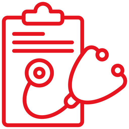 A red line drawing of a clipboard with paper and a stethoscope draped over it, symbolizing healthcare or medical records.