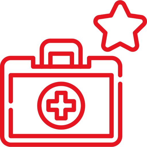 A red outline of a medical kit with a cross on it, and a star symbol in the upper right corner, on a transparent background.