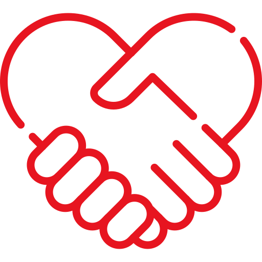 Red outline illustration of two hands shaking, forming the shape of a heart, symbolizing partnership, care, or support.