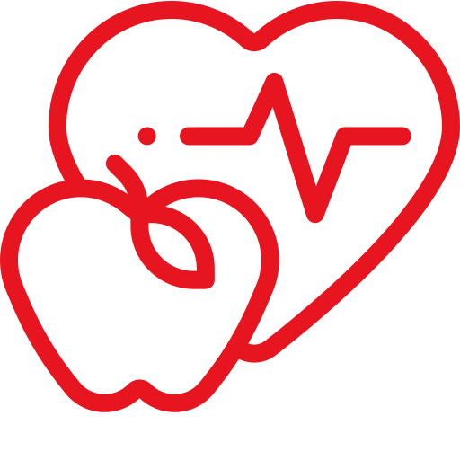 Red outline icon of an apple overlapping a heart with a heartbeat line inside, symbolizing healthy eating and heart health.
