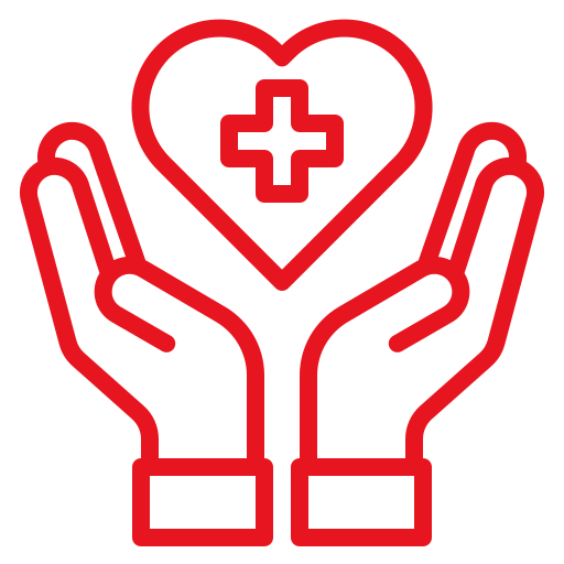 Red outline of two open hands raised upward, holding a heart shape with a medical cross in the center, symbolizing healthcare, support, or medical assistance.