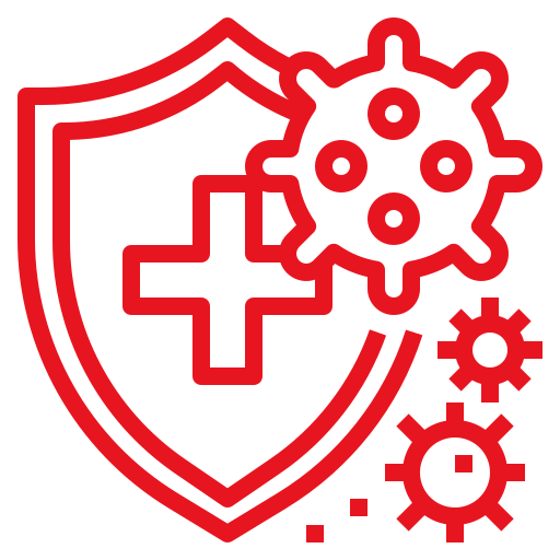 Red outline icon of a shield with a medical cross in the center, surrounded by virus-like symbols, representing health protection or immunity against viruses.