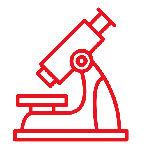 Red outline icon of a compound microscope shown in a side view, with a stage, base, and eyepiece visible, on a white background.