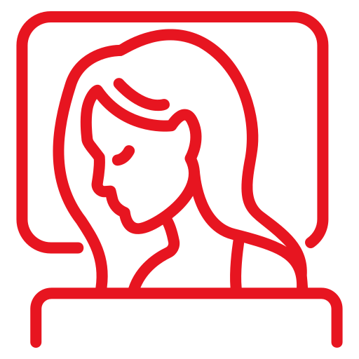 Red outline icon of a woman with long hair sitting and looking down, with a rectangular shape behind her that could represent a screen or window.