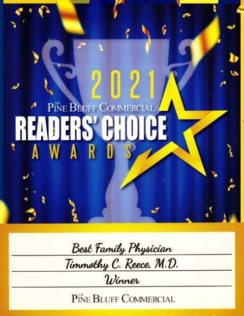 A 2021 Readers’ Choice Awards poster from The Pine Bluff Commercial, featuring a large yellow star and cup, and announcing Timomthy C. Reece, M.D. as Best Family Physician winner.