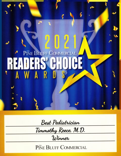 A 2021 Readers’ Choice Awards poster from The Pine Bluff Commercial with a trophy and star design, confetti, and text naming Timmothy Reece, M.D. as Best Pediatrician winner.
