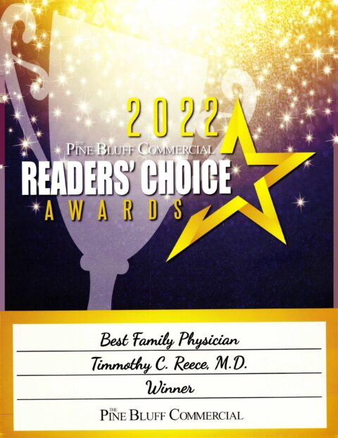 An award graphic with a gold trophy and star, reading 2022 Pine Bluff Commercial Readers’ Choice Awards. The winner for Best Family Physician is Timmothy C. Reece, M.D., as announced by The Pine Bluff Commercial.