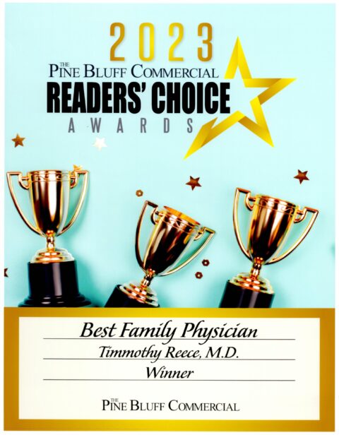 Three gold trophy cups on a blue background with gold and white stars. Text above reads 2023 Pine Bluff Commercial Readers Choice Awards. Below, card says Best Family Physician, Timmothy Reece, M.D., Winner.