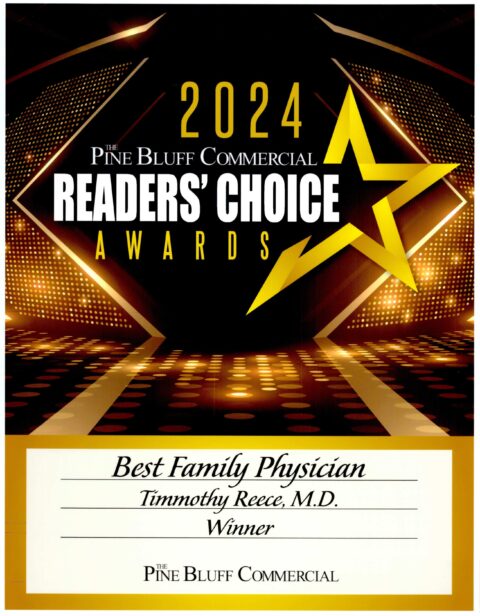 A certificate for the 2024 Pine Bluff Commercial Readers Choice Awards showing that Timnothy Reece, M.D., won Best Family Physician. The design features a large yellow star and black, gold, and white colors.