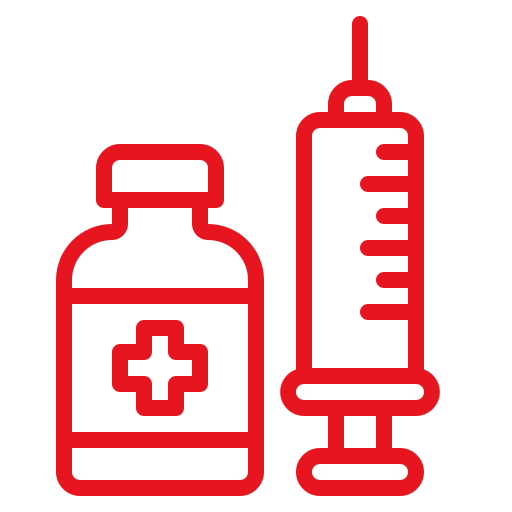 Red outline icon of a medicine vial with a cross on it next to a syringe, representing vaccination or medical injection.